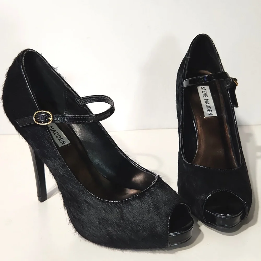 Steve Madden Laveda Black Leather Calf Hair Peep Toe Pumps Size 8M EUC! - Picture 1 of 11